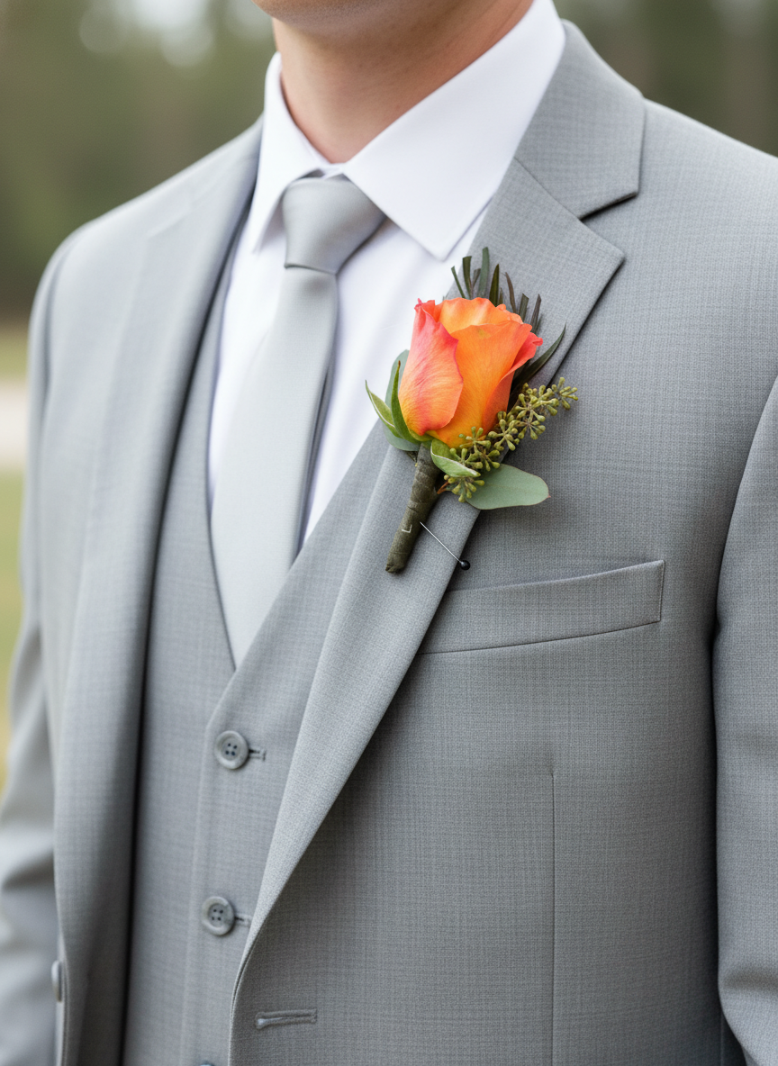 Groom in gray suit wearing orange rose boutonniere with seeded eucalyptus