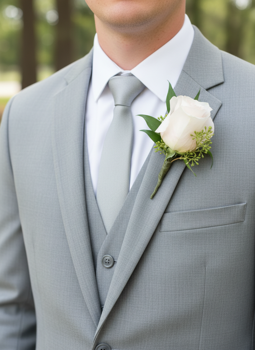Groom in gray suit wearing white rose and seeded eucalyptus boutonniere