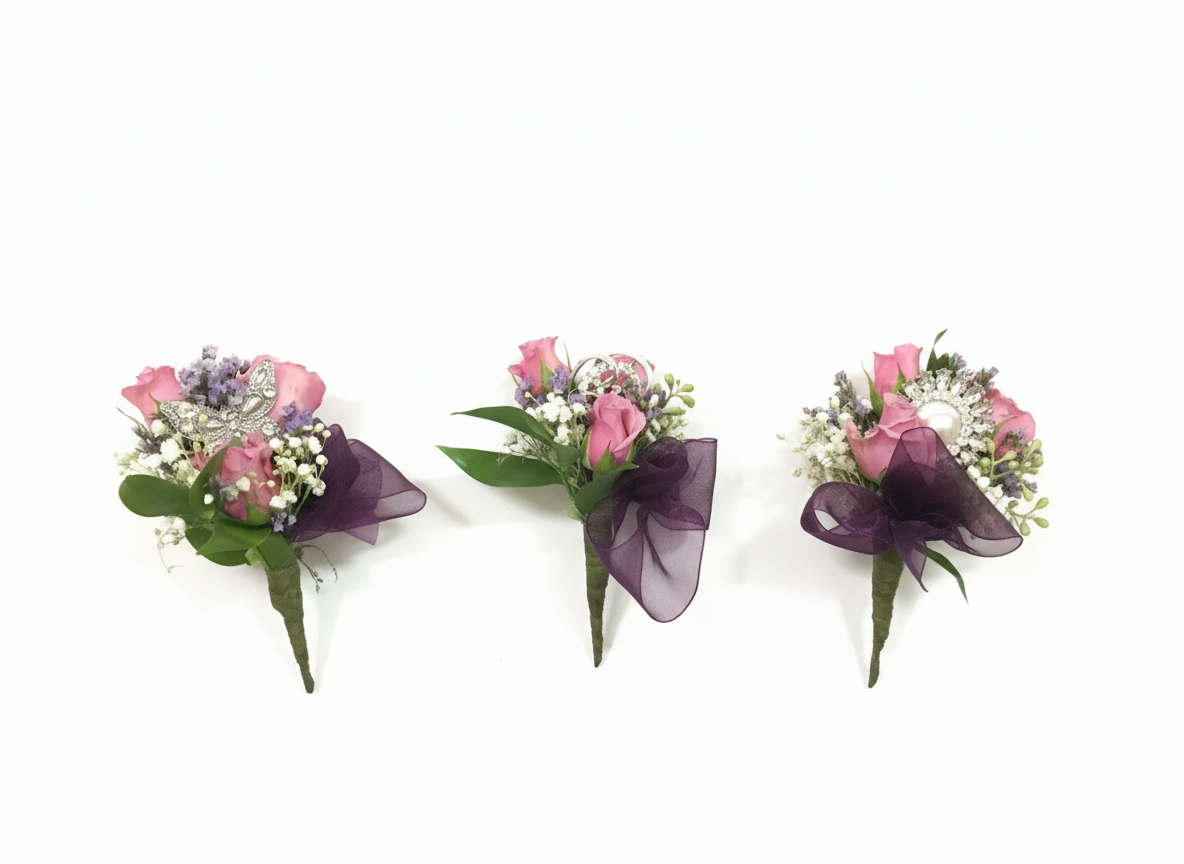 Three pink rose and purple ribbon prom boutonnieres with silver brooch accents on white background