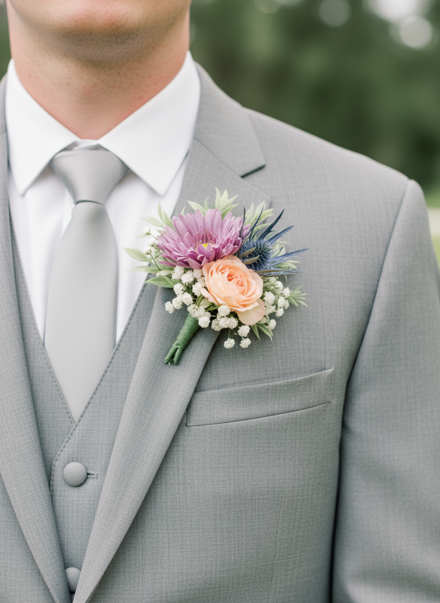 White calla lily and white rose with blue bead accents on dark background