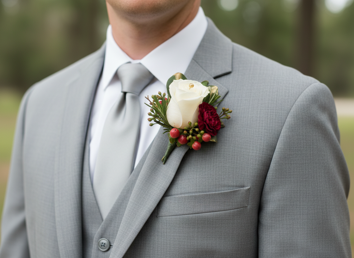 Groom in gray suit wearing white rose and red carnation boutonniere with red hypericum berries