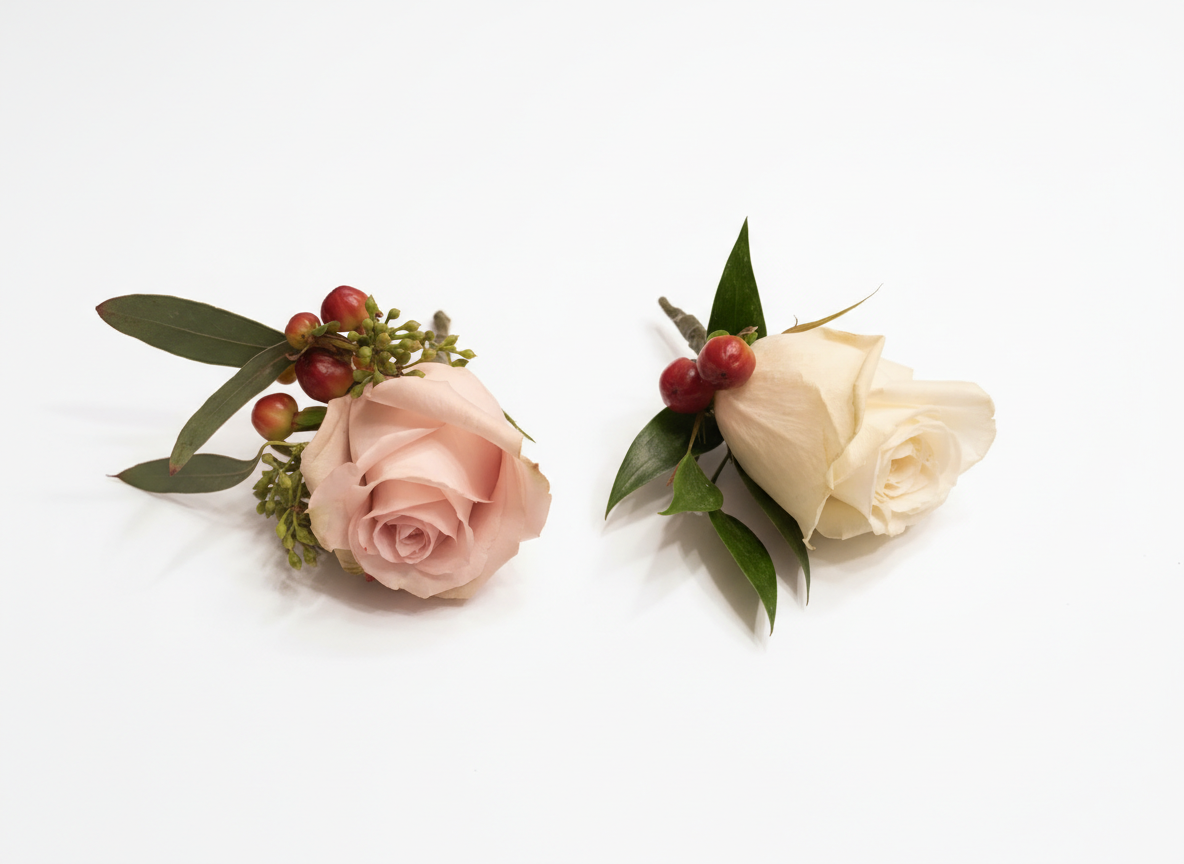 Pink and cream rose boutonnieres with red hypericum berries and eucalyptus on white background