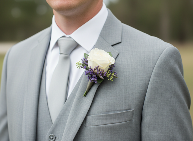 Groom in gray suit wearing white rose and lavender boutonniere
