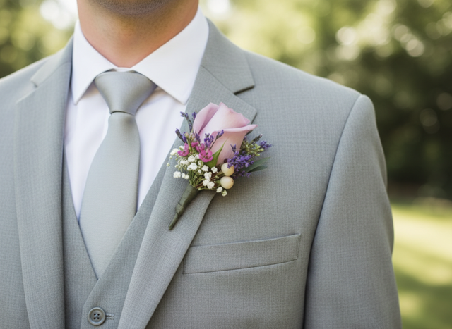 Groom in gray suit wearing pink rose and lavender boutonniere with baby's breath