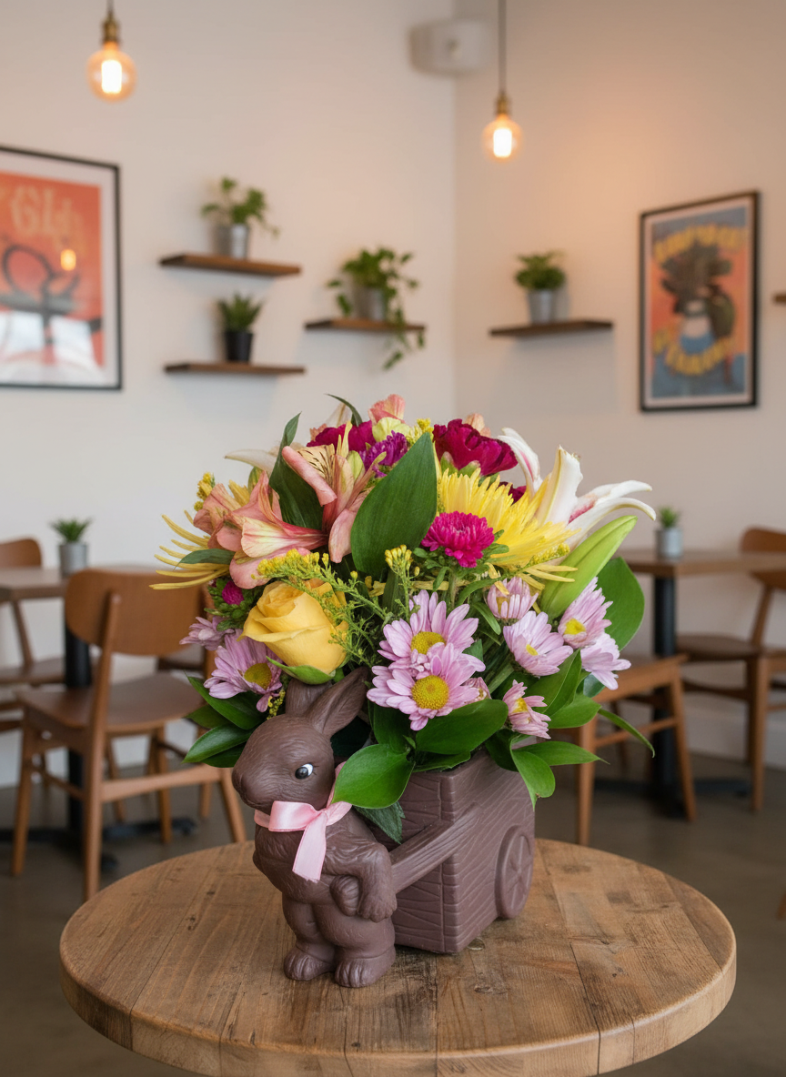 Colorful spring floral arrangement in chocolate bunny cart vase with yellow roses and purple daisies