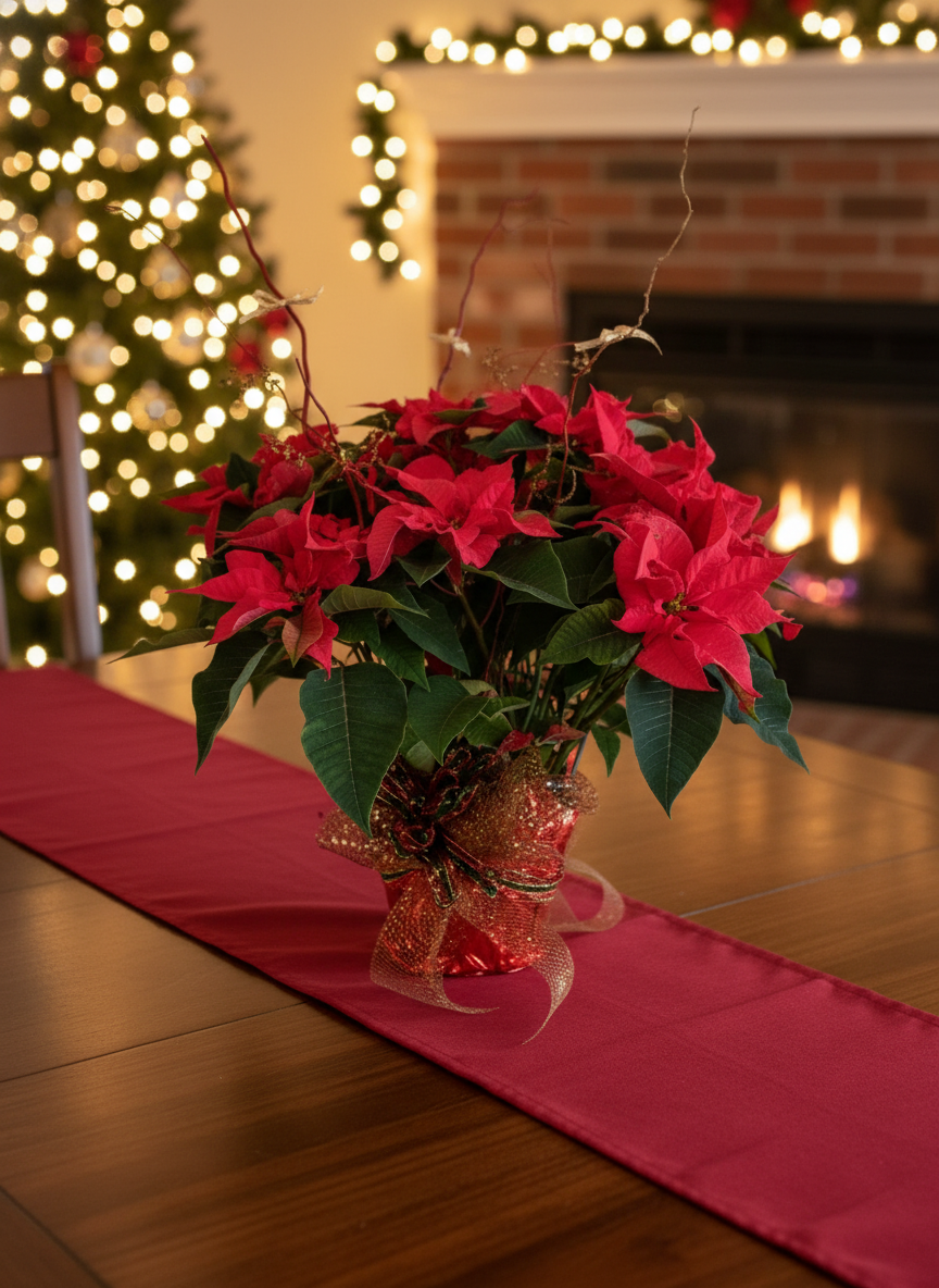 Red poinsettia arrangement with gold ribbon bow on table with Christmas tree and fireplace backdrop