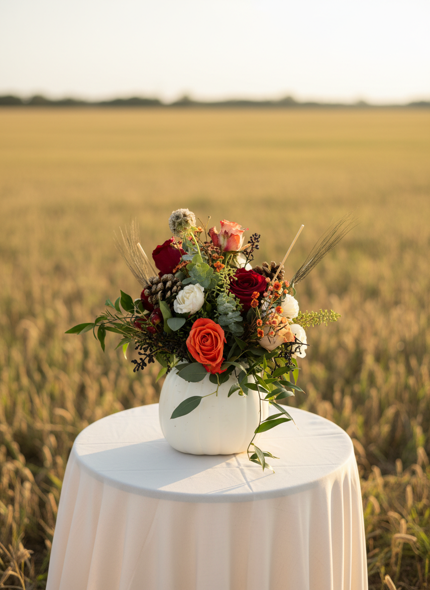 Fall harvest arrangement with red and orange roses, pine cones, and wheat in white pumpkin vase in golden field
