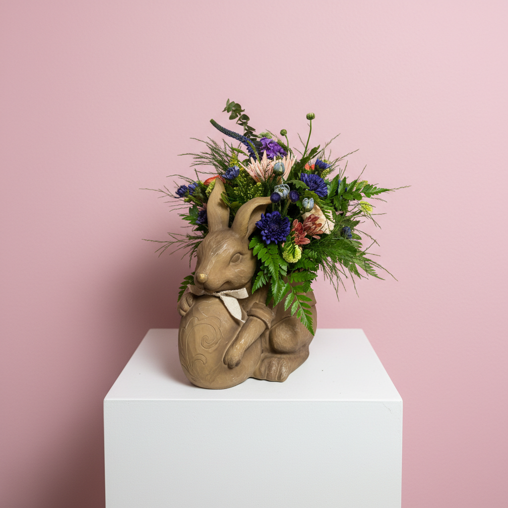 Wild spring flowers with purple mums, ferns, and greenery in decorative rabbit planter on white pedestal against pink background