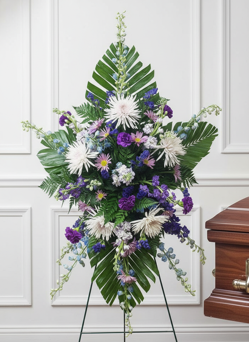 Purple blue and white standing easel spray arrangement