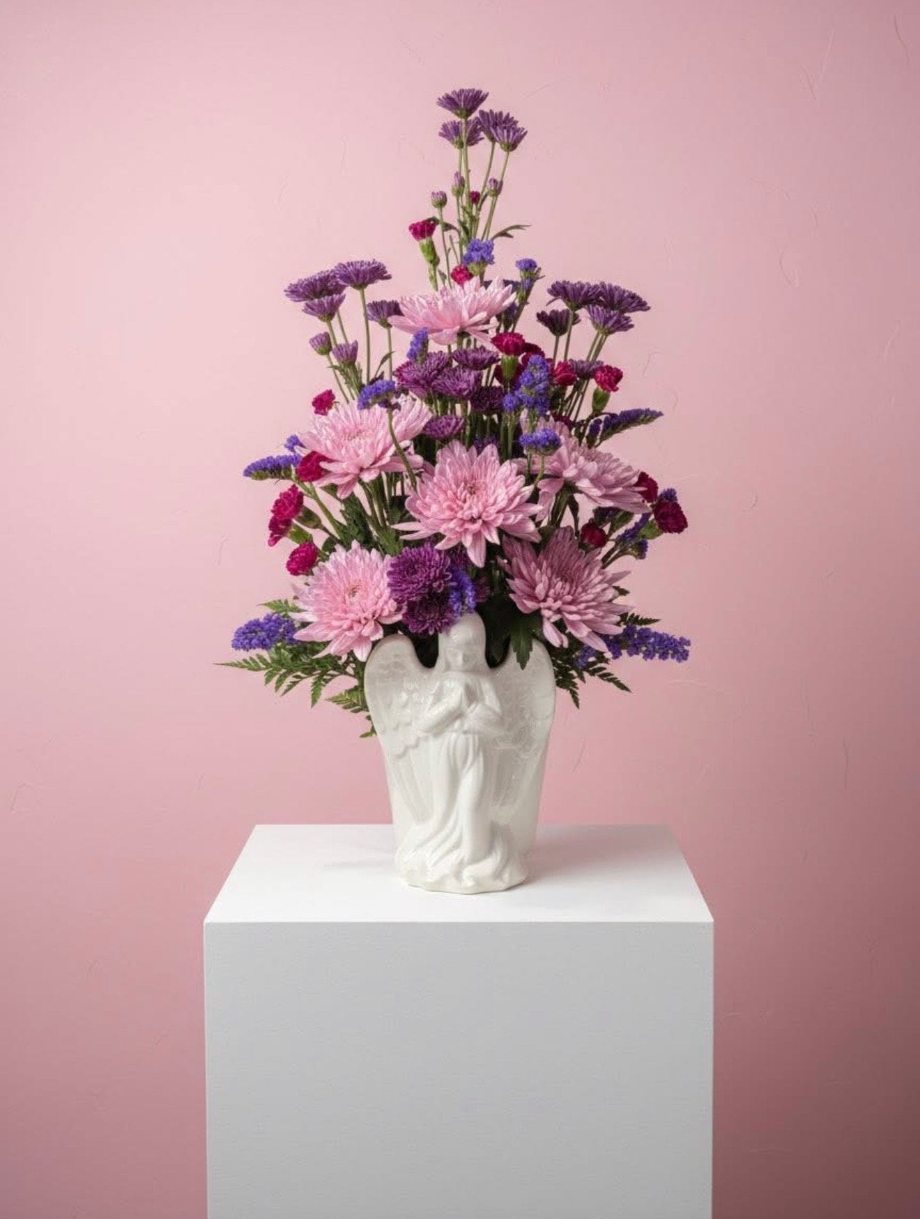 Pink and purple chrysanthemum arrangement in white angel figurine vase against pink background
