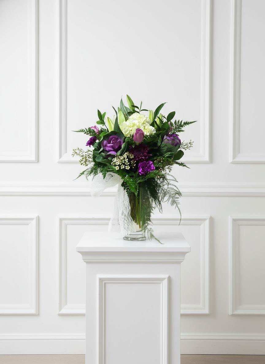 White, purple, and green flower arrangement in a vase