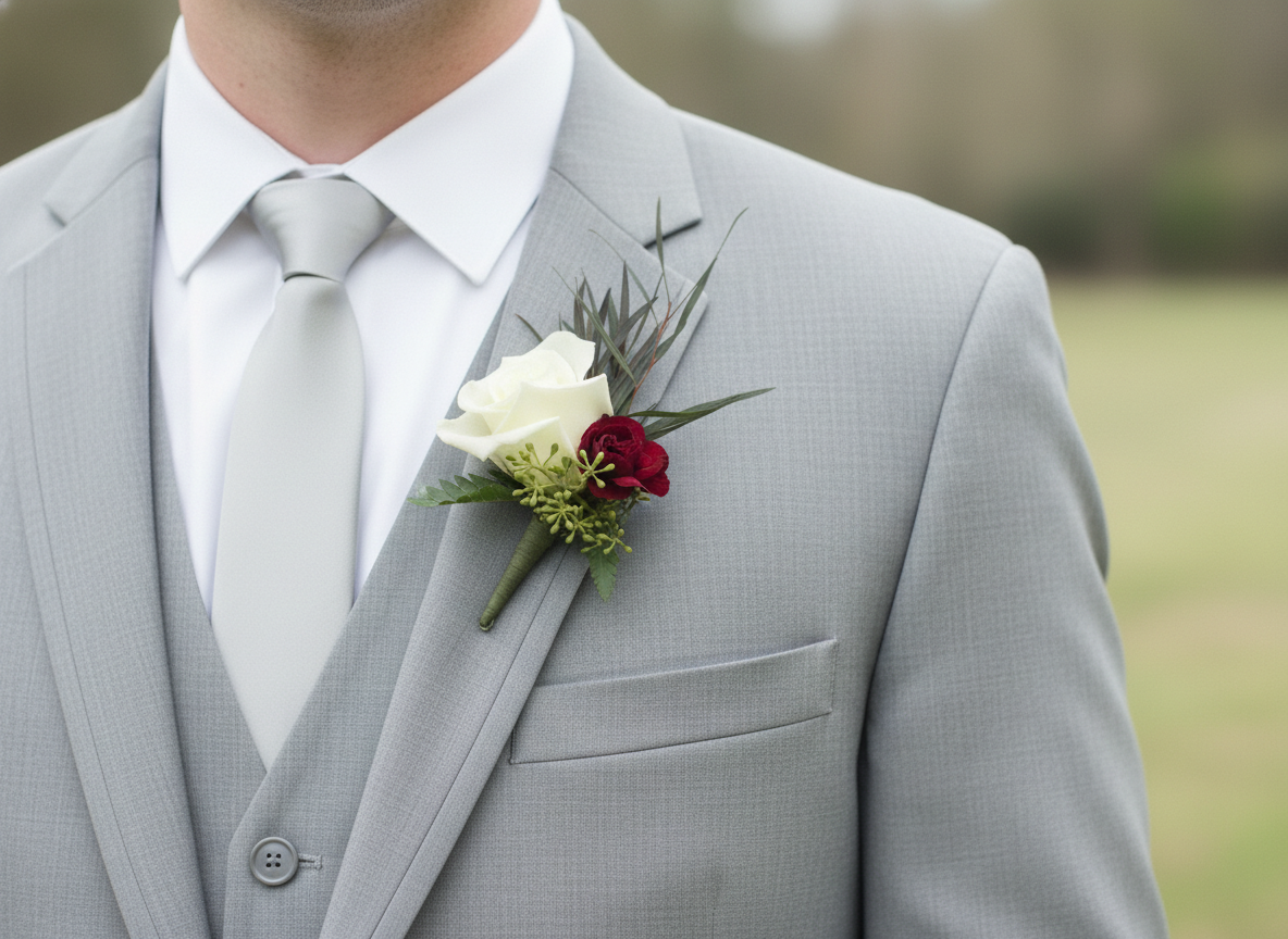 Burgundy carnation and eucalyptus boutonniere on gray suit