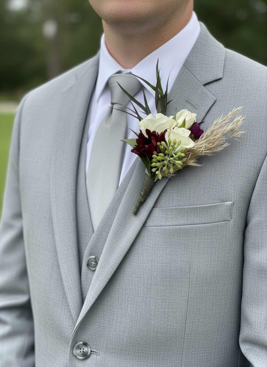 White rose with burgundy dahlia and wheat boutonniere on gray suit