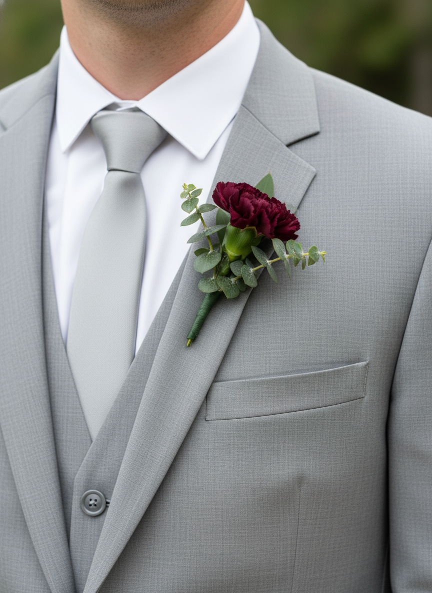 Burgundy rose and eucalyptus boutonniere on gray suit