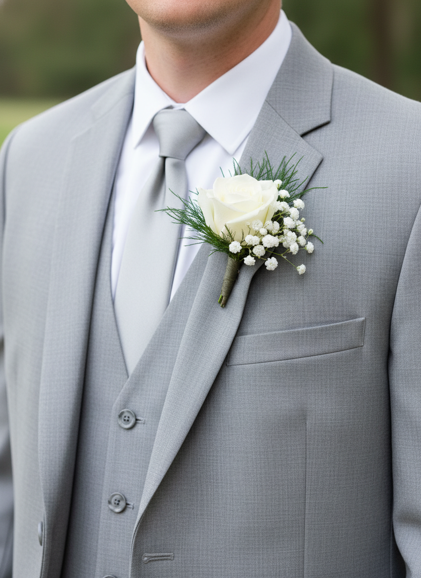 White rose with burgundy pampas grass boutonniere on gray suit