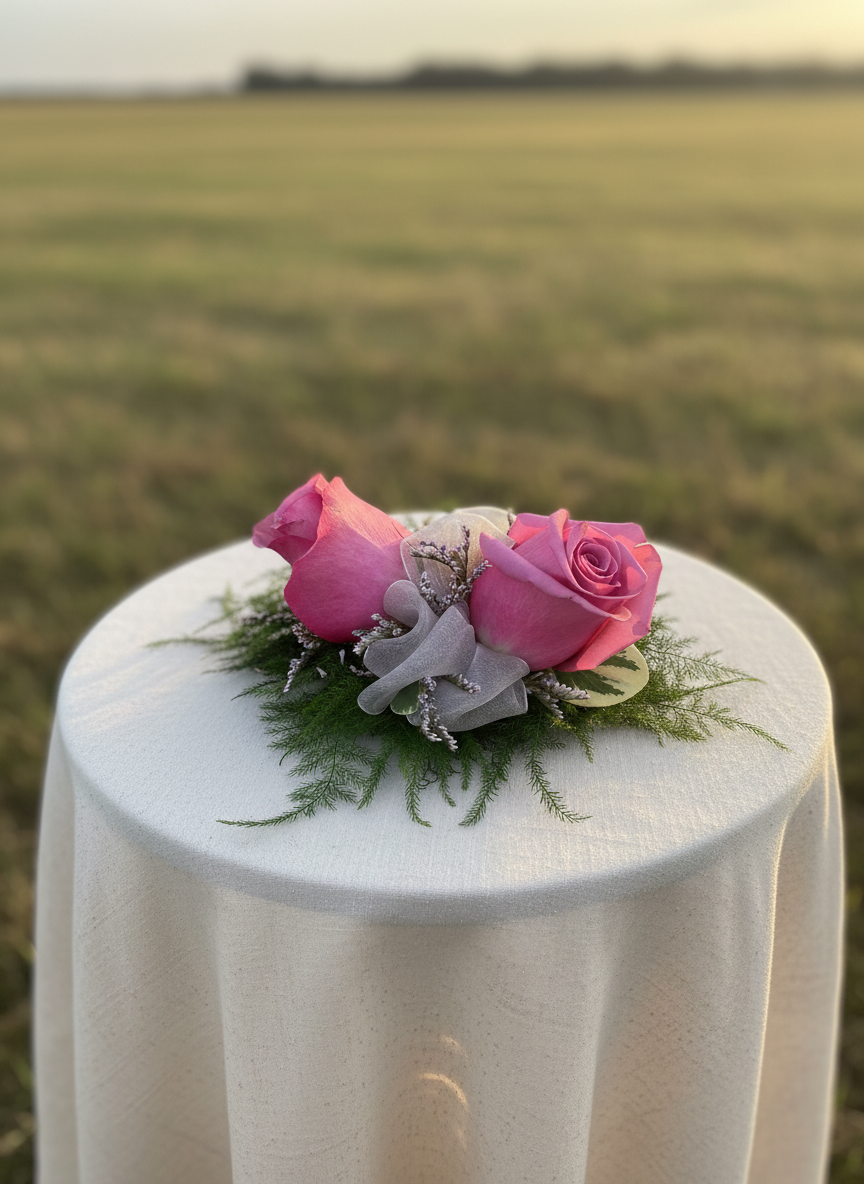 Pink and cream rose boutonnieres with red berries and eucalyptus