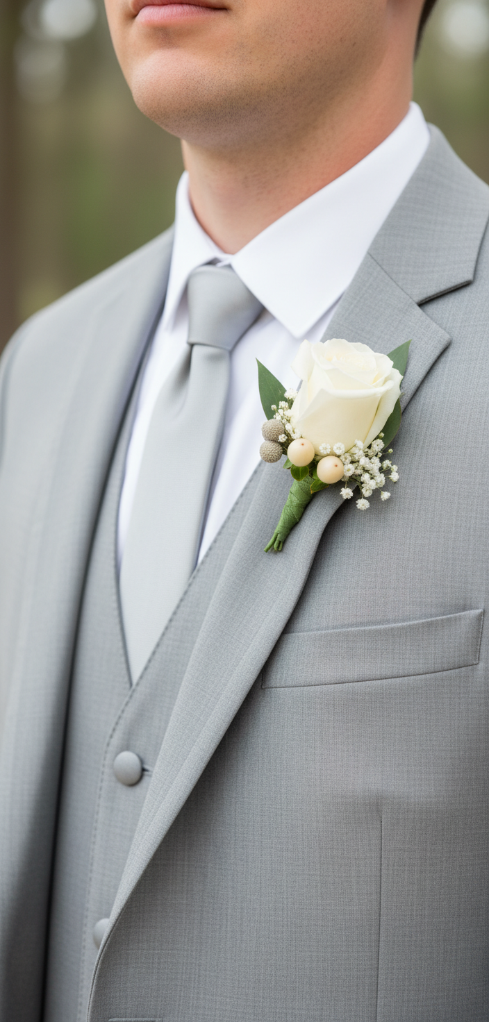White rose boutonniere with baby's breath and pearls on gray suit