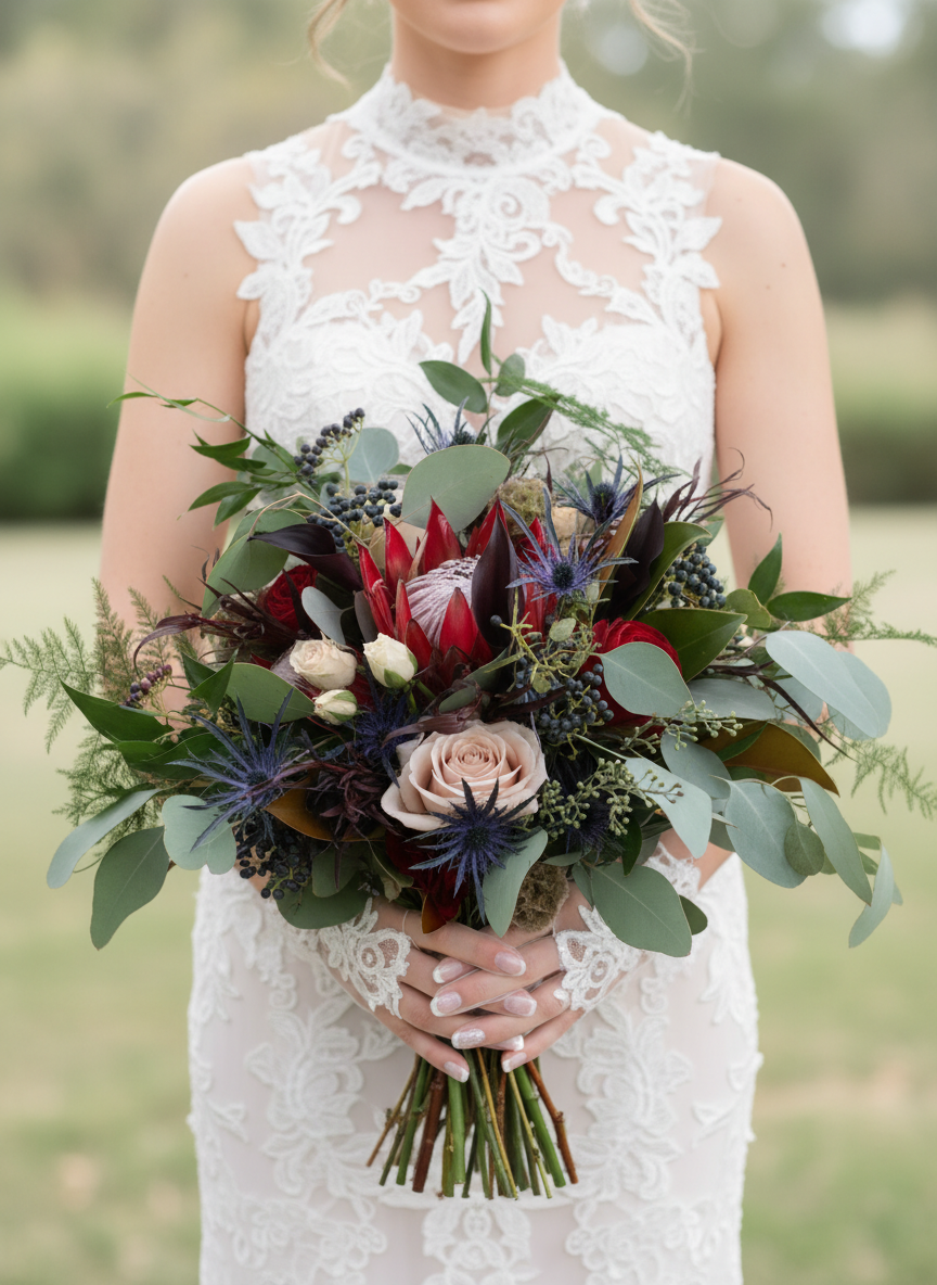 Dramatic bridal bouquet with protea, thistles, and eucalyptus