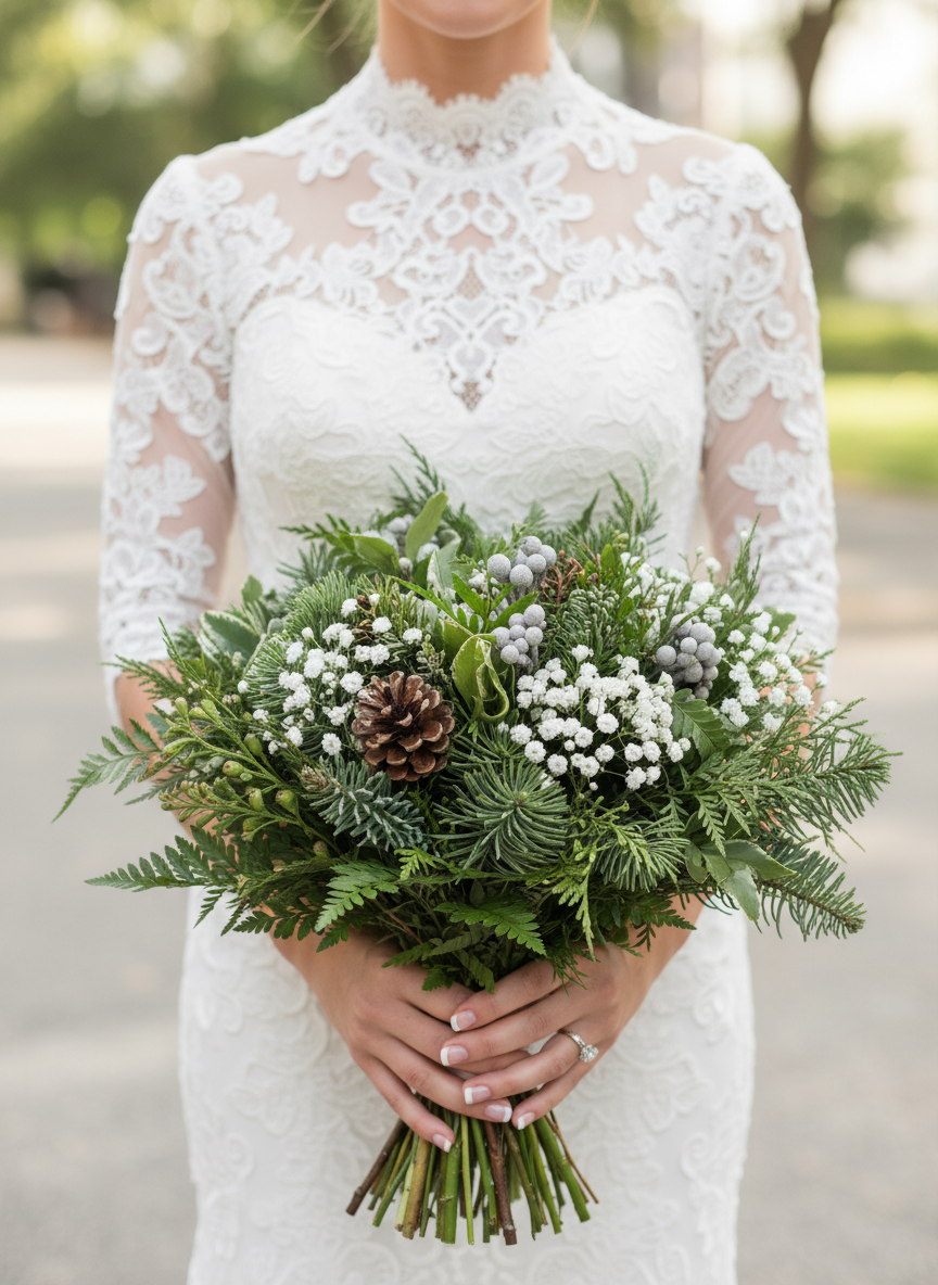 Winter bridal bouquet with evergreens and pine cones