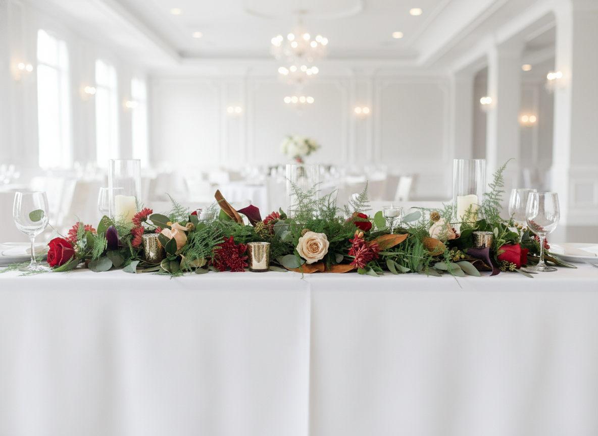 Burgundy and blush garland centerpiece with candlelight reception