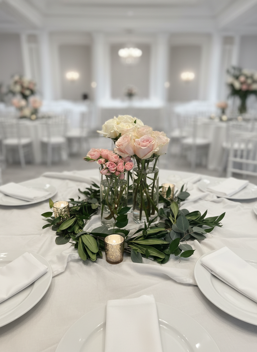 White roses in rustic wooden vase with antler accent