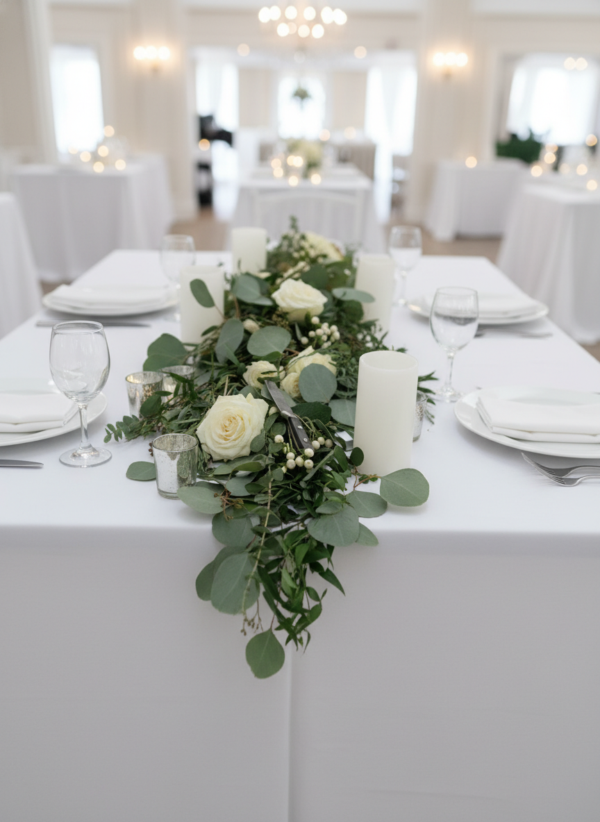 Blush and white rose centerpiece with gold votives