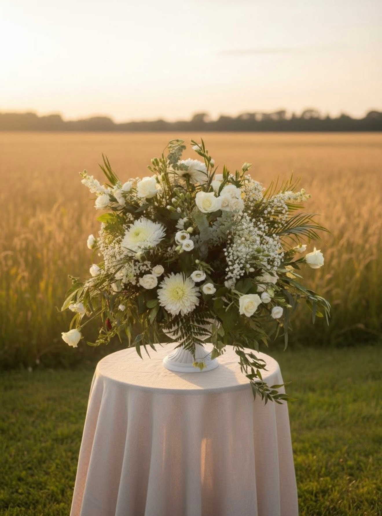 White floral arrangement on draped pedestal in golden field at sunset