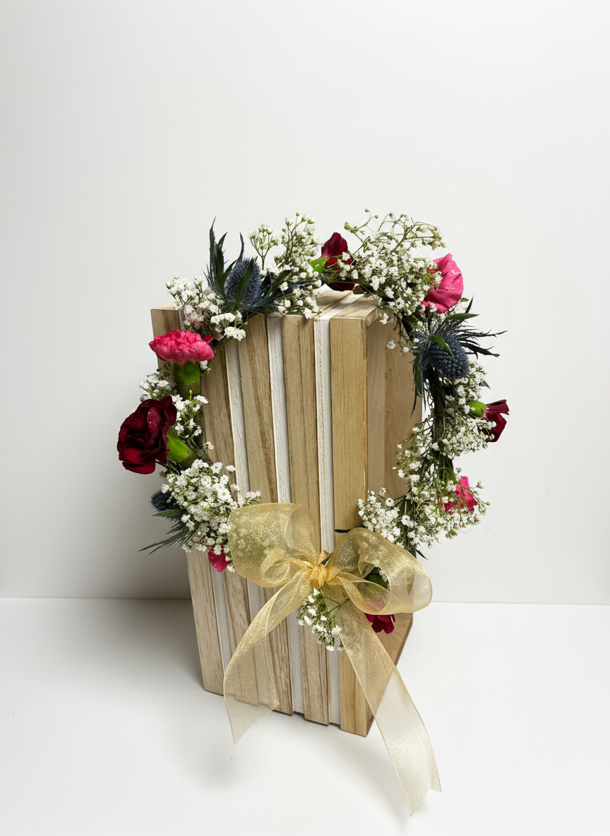 Wooden letter floral installation with pink roses, burgundy carnations, blue thistle, and gold ribbon