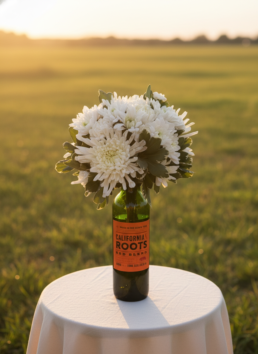 White chrysanthemum arrangement in wine bottle vase at golden hour outdoor setting